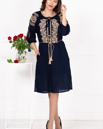 Rochie traditionala bleumarin Elisa cu broderie florala bej