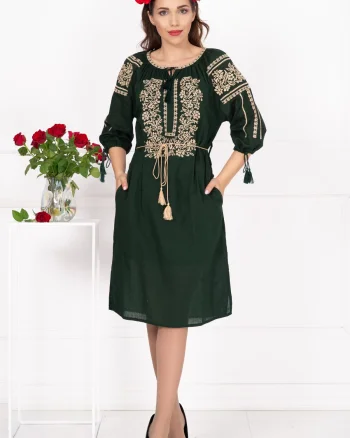 Rochie traditionala verde Elisa cu broderie florala bej