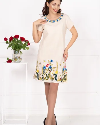 Rochie traditionala din in brodata cu flori multicolore
