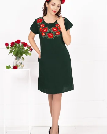 Rochie traditionala verde din in cu bujori brodati