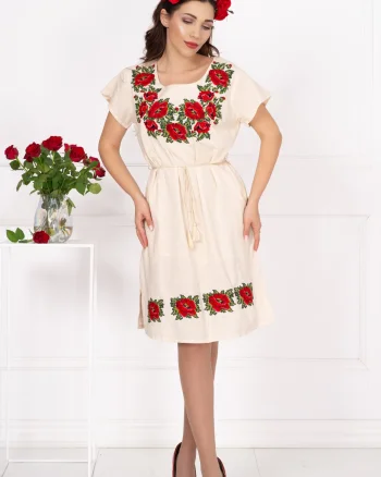 Rochie traditionala din in cu bujori brodati