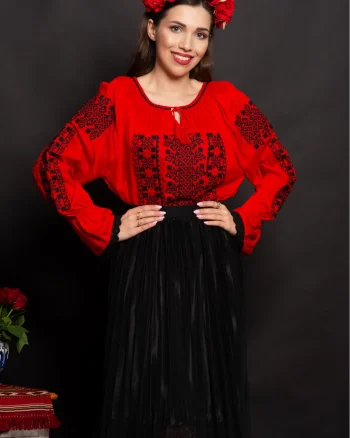 Ie dama traditionala Olimpia rosie cu broderie neagra populara