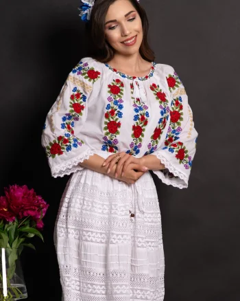 Ie dama alba din bumbac Anabela cu broderie florala