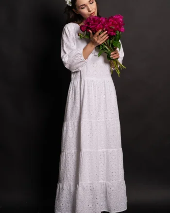 Rochie alba de vara din bumbac Annabel cu broderie englezeasca