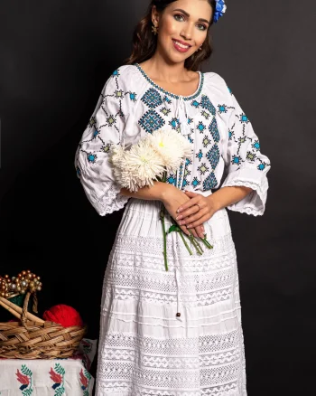 Ie dama traditionala Aneta din bumbac alb cu broderie in romb
