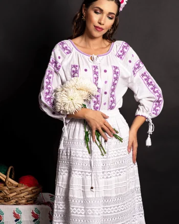 Ie traditionala alba din bumbac Viorela cu broderie lila