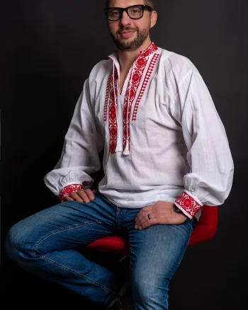 Ie traditionala barbati din bumbac Dorian cu broderie rosie