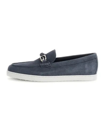 Pantofi loafer din piele intoarsa cu monograma metalica, Albastru inchis