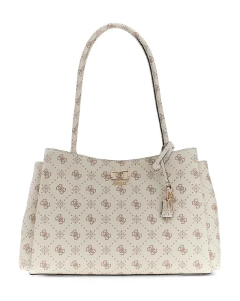 Geanta shopper din piele ecologica cu model logo si accesoriu detasabil Emelie, Alb murdar