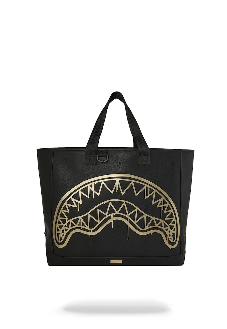Geanta shopper de piele ecologica cu imprimeu logo, Auriu/Negru
