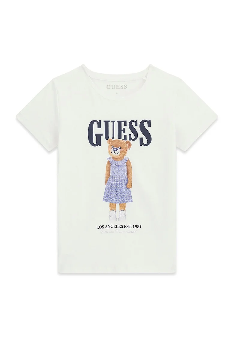 Tricou cu logo si imprimeu cu ursulet, Alb/Maro/Bleumarin