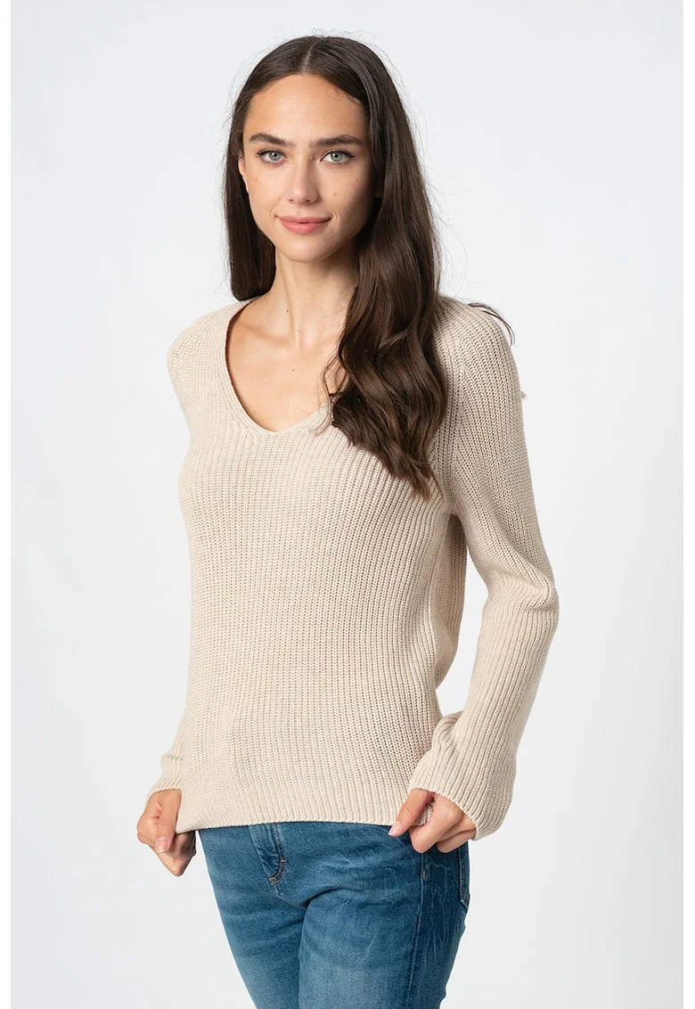 Pulover de bumbac organic cu decolteu en-coeur, Maro taupe deschis
