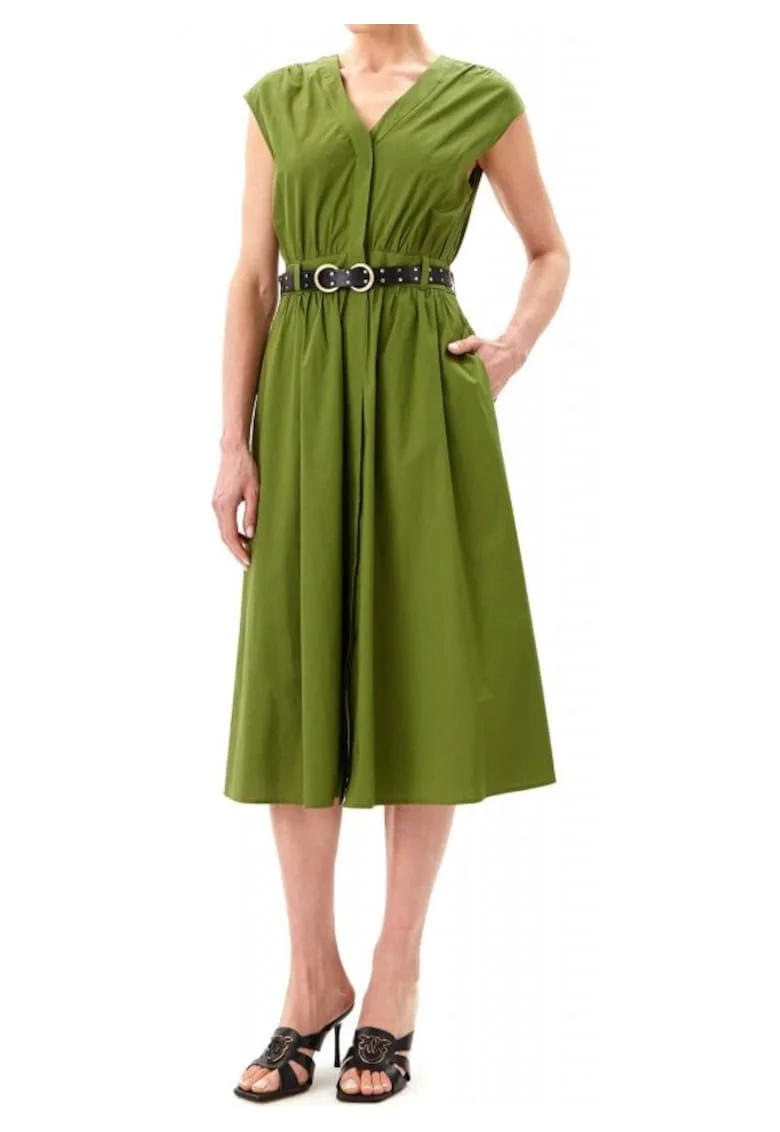 Rochie midi dama,  decolteu in V, bumbac organic/elastan, verde