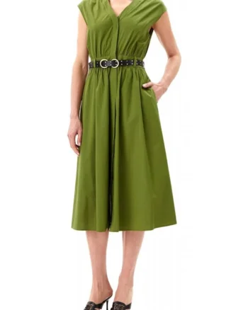 Rochie midi dama,  decolteu in V, bumbac organic/elastan, verde