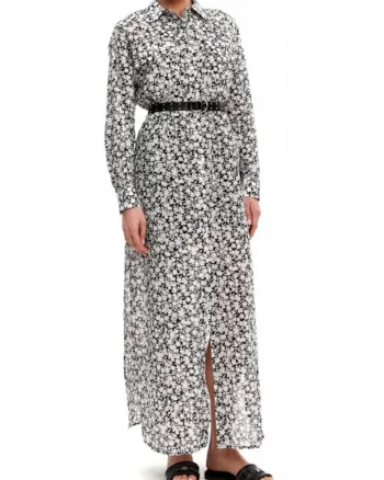 Rochie maxi dama  bumbac, cu curea, alb/negru,
