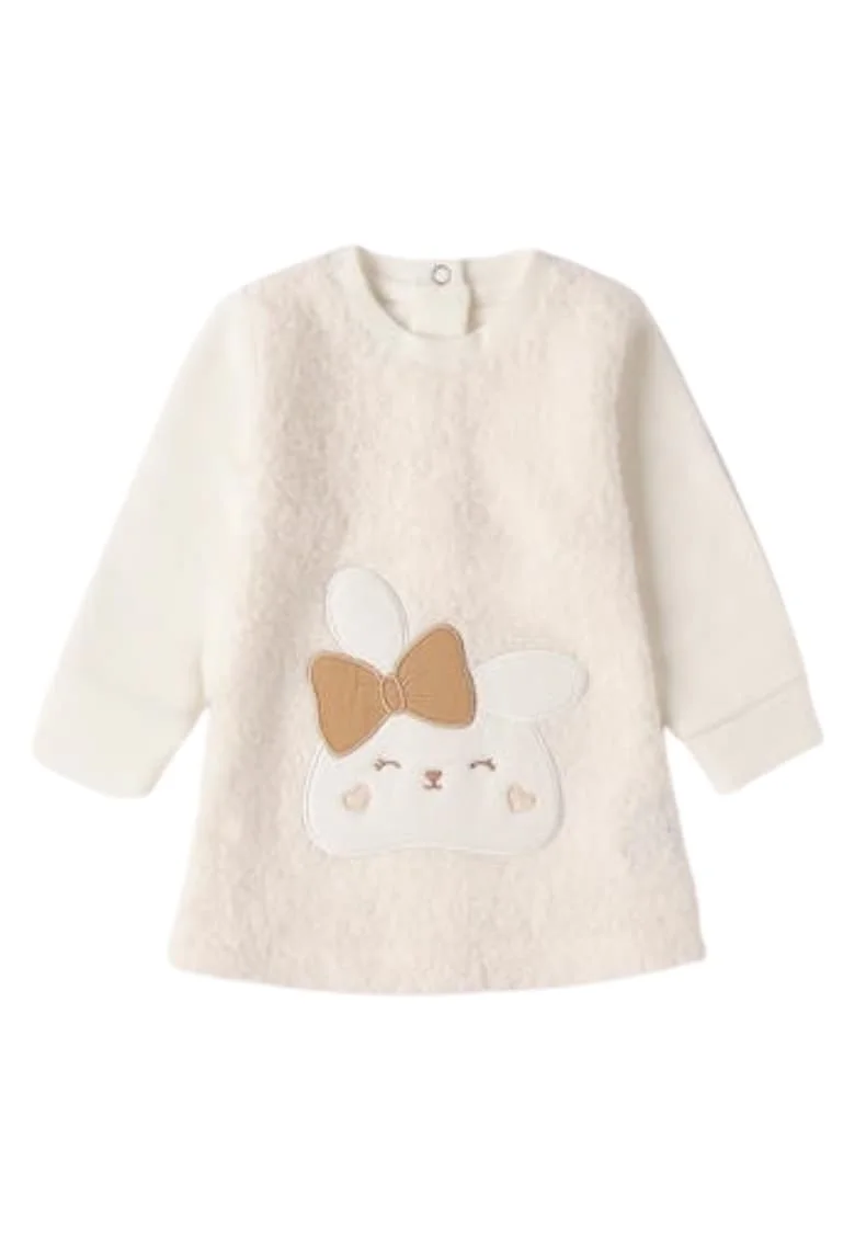 Rochie bebe fete iDO din bumbac elastic, cu aplicatie iepuras, Crem