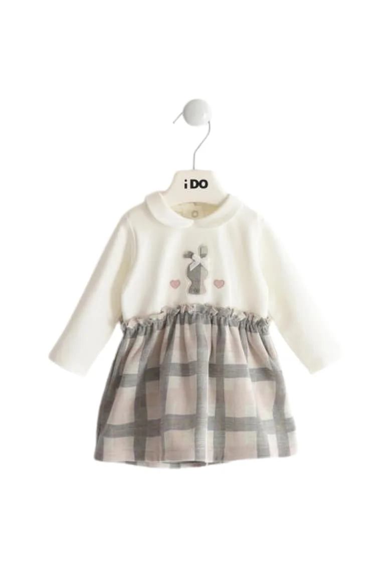 Rochie bebe fete iDO din bumbac elastic, cu fusta in carouri si imprimeu iepuras, Crem, Gri, Gri/Crem