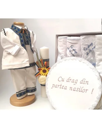 Set Traditional Botez - Costumas baietel Trusou Cutie pentru trusou Lumanare Albastru