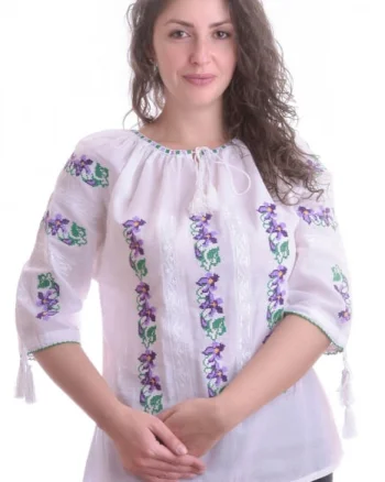 Ie traditionala alba cu motiv floral mov Brandusa - maneca scurta