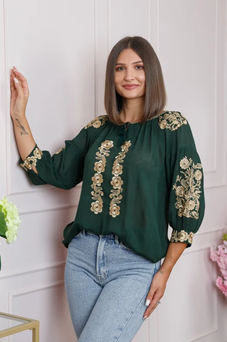Bluza verde cu motiv floral auriu Iasmina 05 - maneca scurta