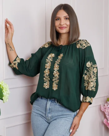Bluza verde cu motiv floral auriu Iasmina 05 - maneca scurta