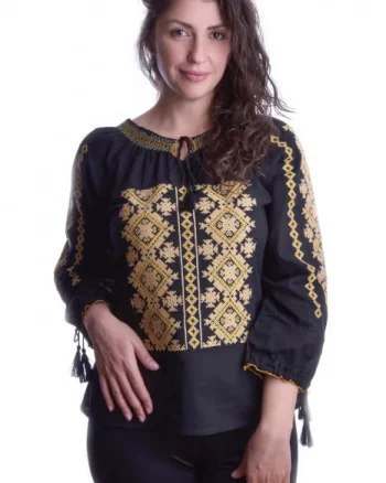 Ie traditionala neagra cu motiv geometric auriu Greta 01