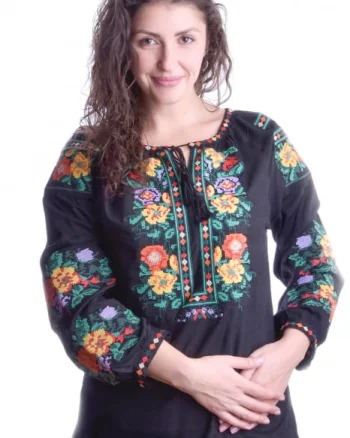 Ie traditionala neagra cu motiv floral multicolor Stefania 05