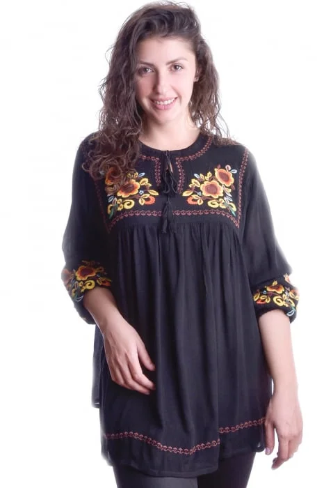 Bluza traditionala neagra cu motiv floral multicolor Ingrid 01