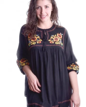 Bluza traditionala neagra cu motiv floral multicolor Ingrid 01