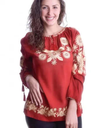 Bluza rosie cu motiv floral auriu Agnes 05