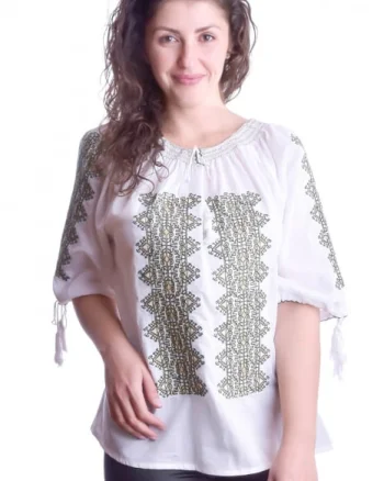 Ie traditionala alba cu motiv geometric verde Mara