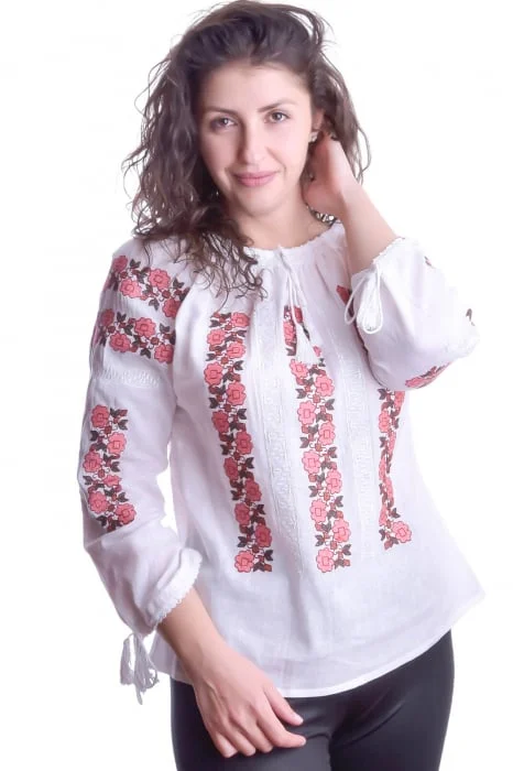 Ie traditionala alba cu motiv floral roz Valentina