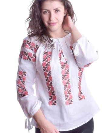Ie traditionala alba cu motiv floral roz Valentina