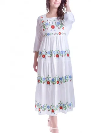 Rochie traditionala maxi alba cu motiv floral multicolor Sanziana