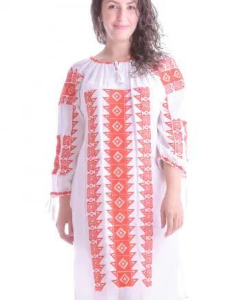 Rochie traditionala dreapta alba cu motiv geometric rosu Doina