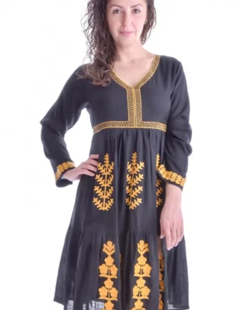 Rochie traditionala evazata neagra cu motiv floral galben Gloria