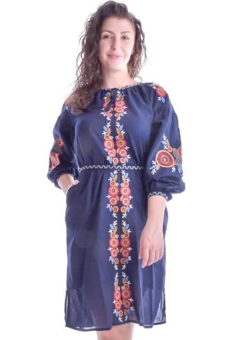 Rochie traditionala midi albastra cu motiv geometric multicolor Eliza