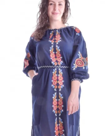 Rochie traditionala midi albastra cu motiv geometric multicolor Eliza