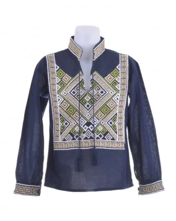 Camasa traditionala de baieti albastra cu motiv geometric multicolor Rares 02