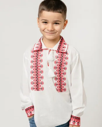 Camasa traditionala de baieti alba cu motiv geometric rosu David 01