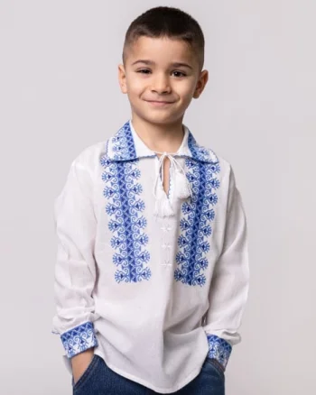 Camasa traditionala de baieti alba cu motiv geometric albastru David 02