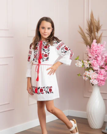 Rochie traditionala alba pentru fetite cu motiv floral rosu Emma