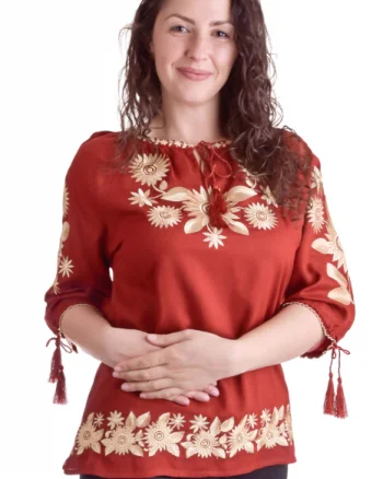 Bluza grena cu motiv floral auriu Agnes 02