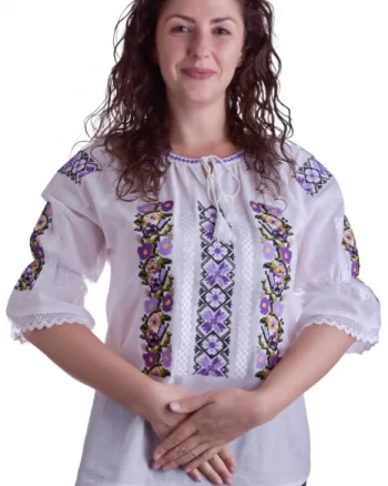 Ie traditionala alba cu motiv floral mov Marina 03