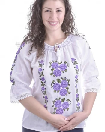 Ie traditionala alba cu motiv floral mov Andra