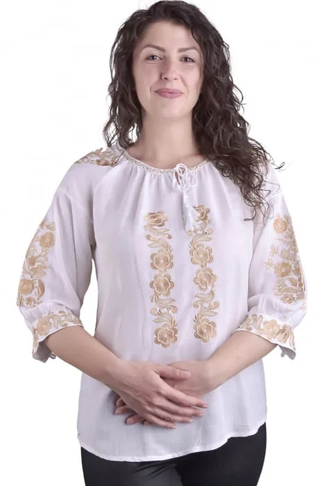 Bluza alba cu motiv floral auriu Iasmina 03