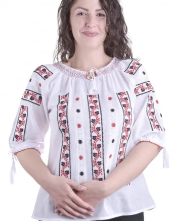 Ie traditionala alba cu motiv geometric multicolor Sonia 03