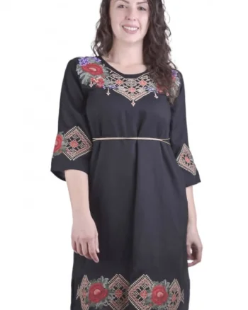 Rochie traditionala midi neagra cu motiv floral rosu Otilia