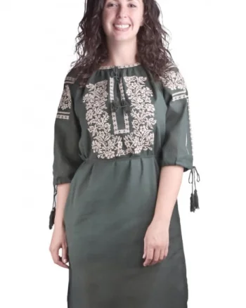 Rochie traditionala midi verde cu motiv floral crem Veronica