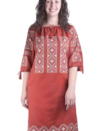 Rochie traditionala midi rosie cu motiv geometric crem Sandra